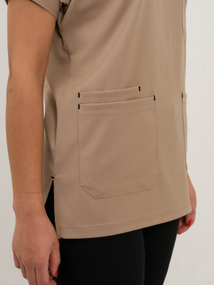 Bej Likralı Cerrahi Kol Tek Üst