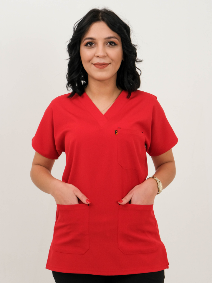 Kırmızı Likralı Cerrahi Kol Tek Üst