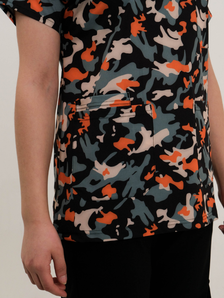 Oranj Desenli Likralı Cerrahi Kol Tek Üst