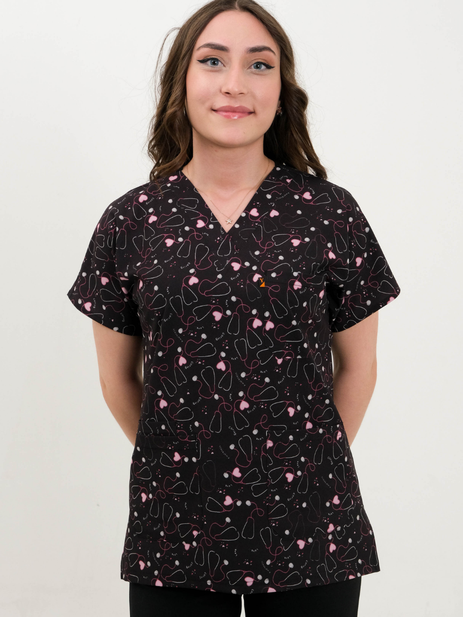 Steteskop Desenli Likralı Cerrahi Kol Tek Üst