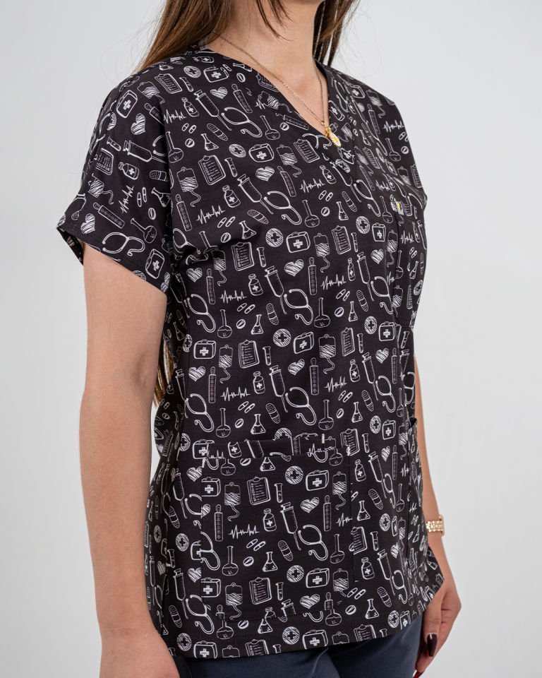 Siyah İlaç Desenli Likralı Cerrahi Kol Tek Üst