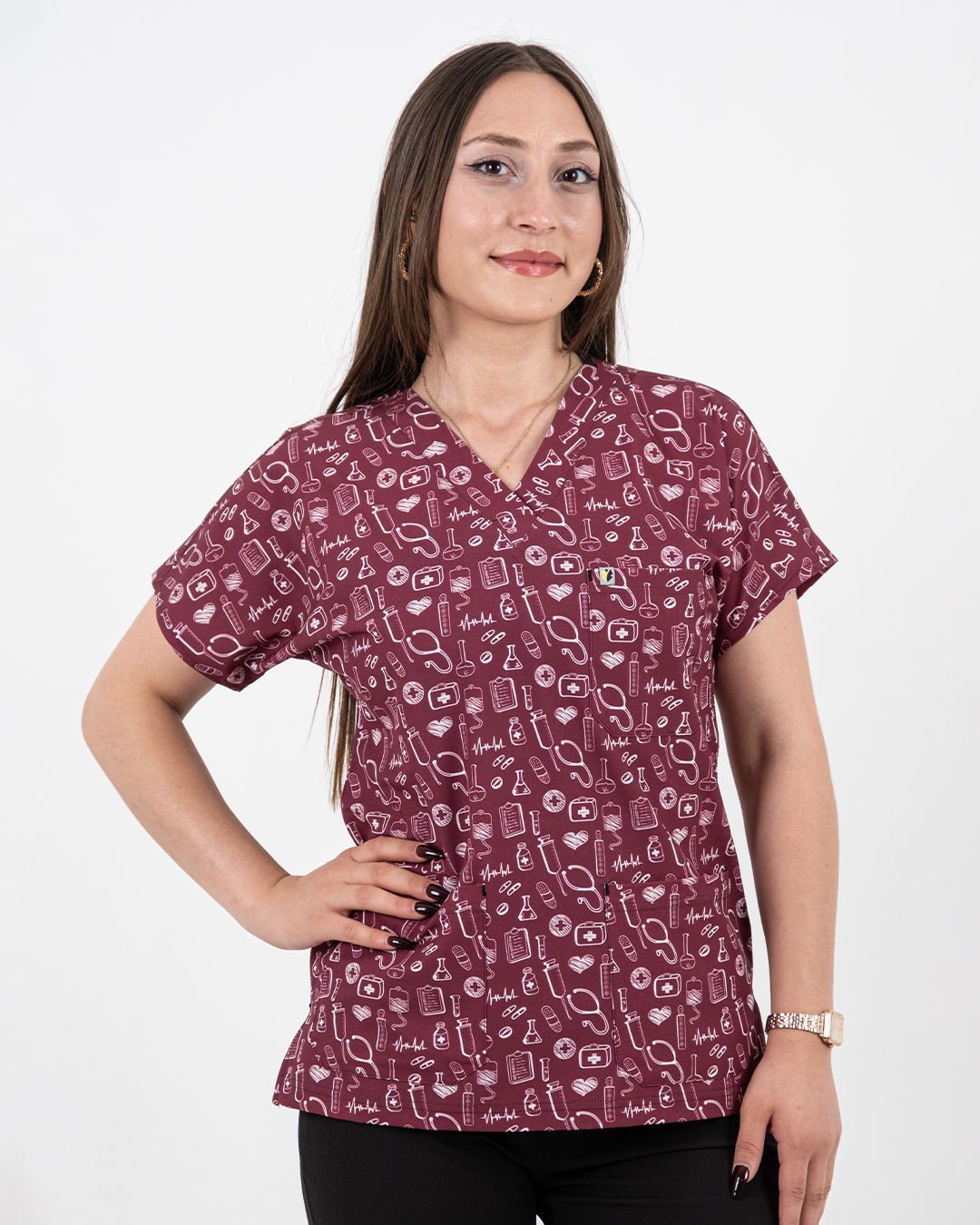 Bordo İlaç Desenli Likralı Cerrahi Kol Tek Üst