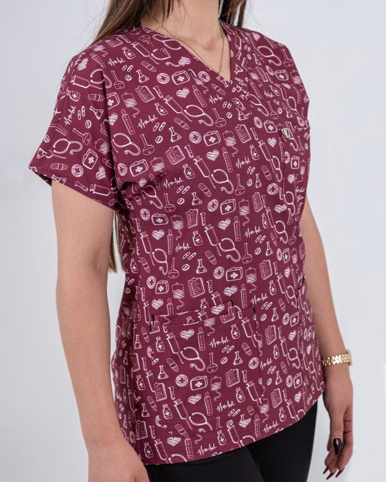 Bordo İlaç Desenli Likralı Cerrahi Kol Tek Üst