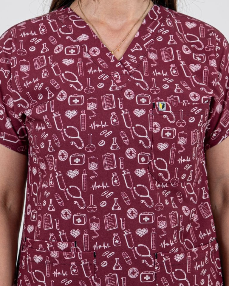 Bordo İlaç Desenli Likralı Cerrahi Kol Tek Üst