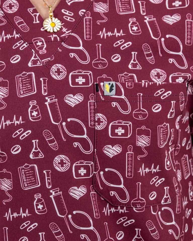 Bordo İlaç Desenli Likralı Cerrahi Kol Tek Üst