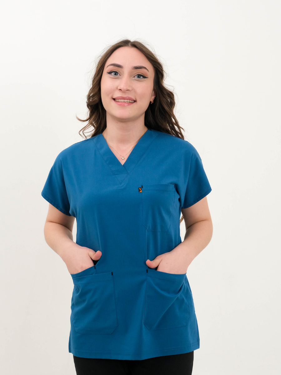 Koyu Petrol Mavisi Likralı Cerrahi Kol Tek Üst