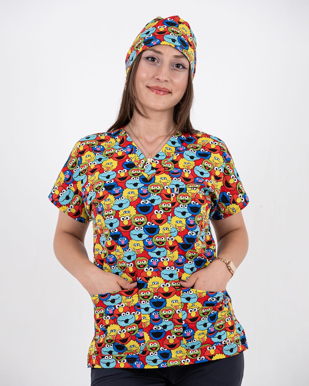 Kurabiye Canavarı Desenli Likralı Cerrahi Kol Tek Üst