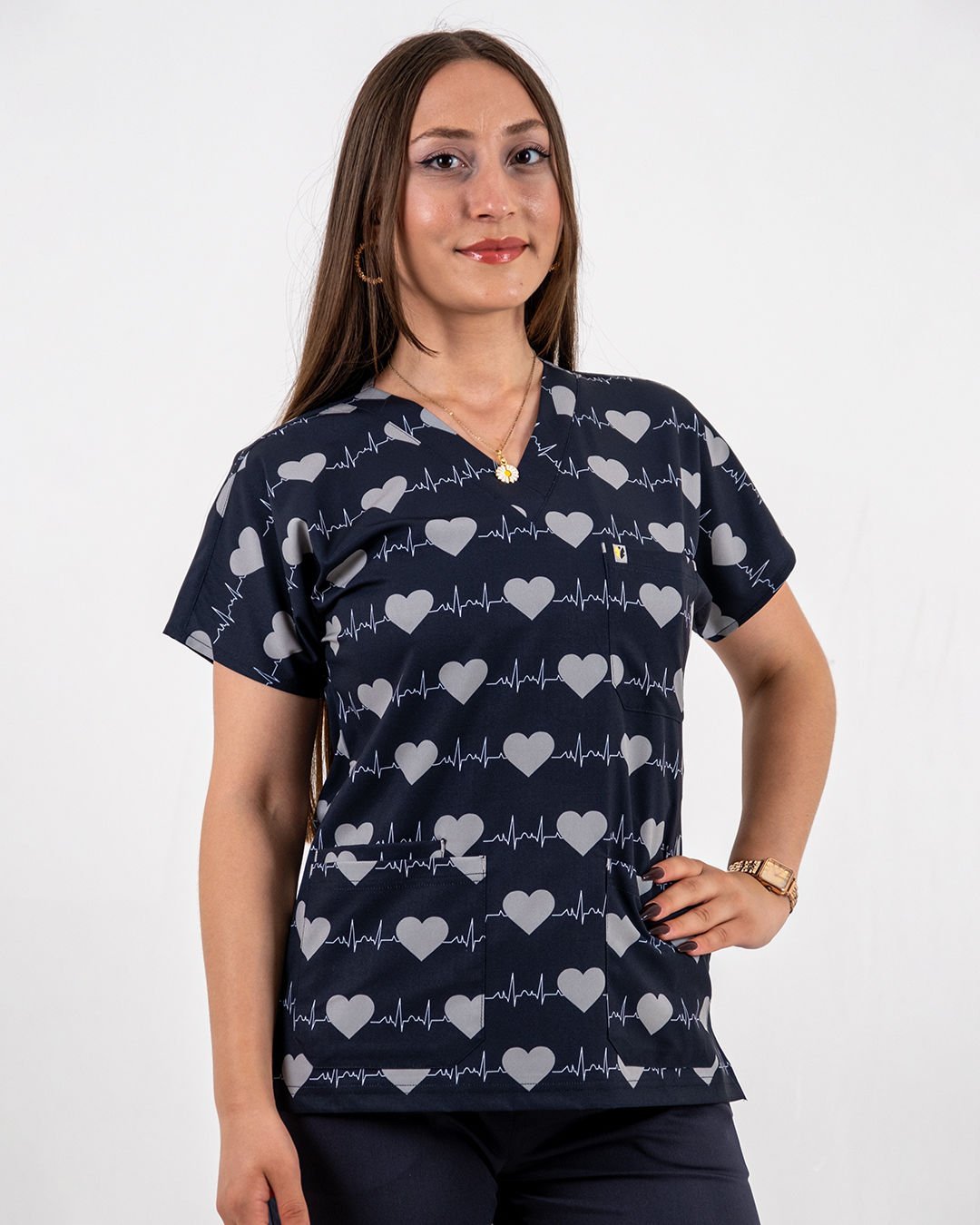 Gri Kalp Atışı Desenli Likralı Cerrahi Kol Tek Üst