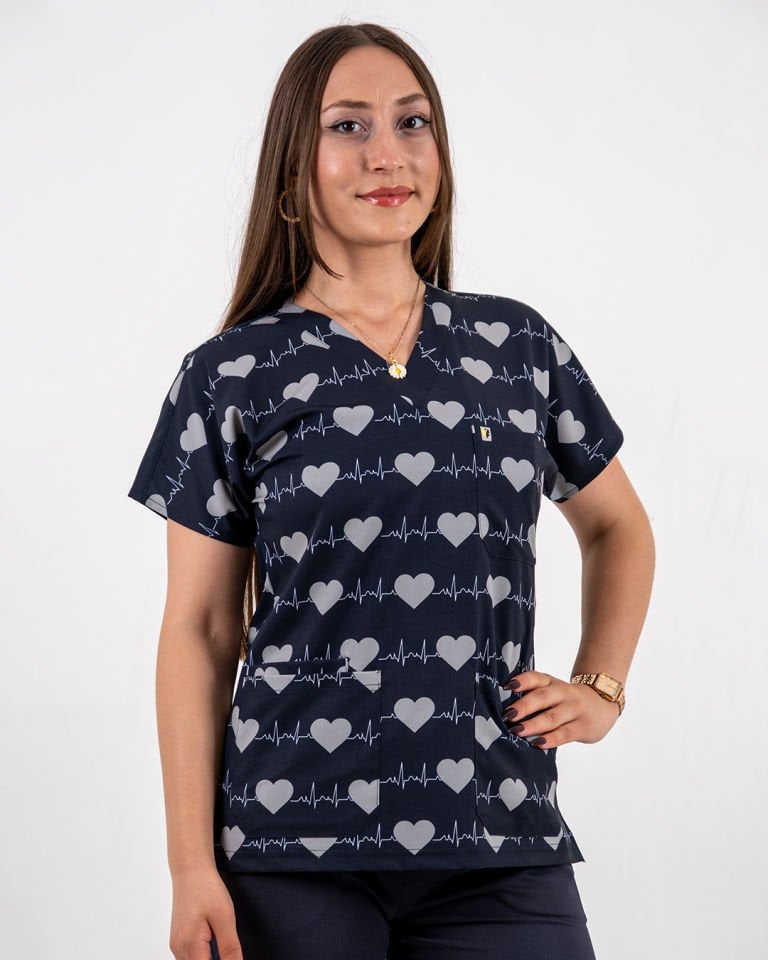 Gri Kalp Atışı Desenli Likralı Cerrahi Kol Tek Üst