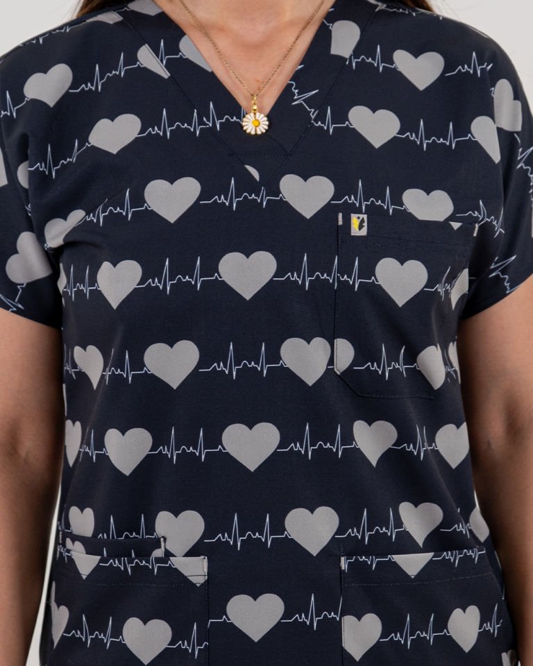 Gri Kalp Atışı Desenli Likralı Cerrahi Kol Tek Üst