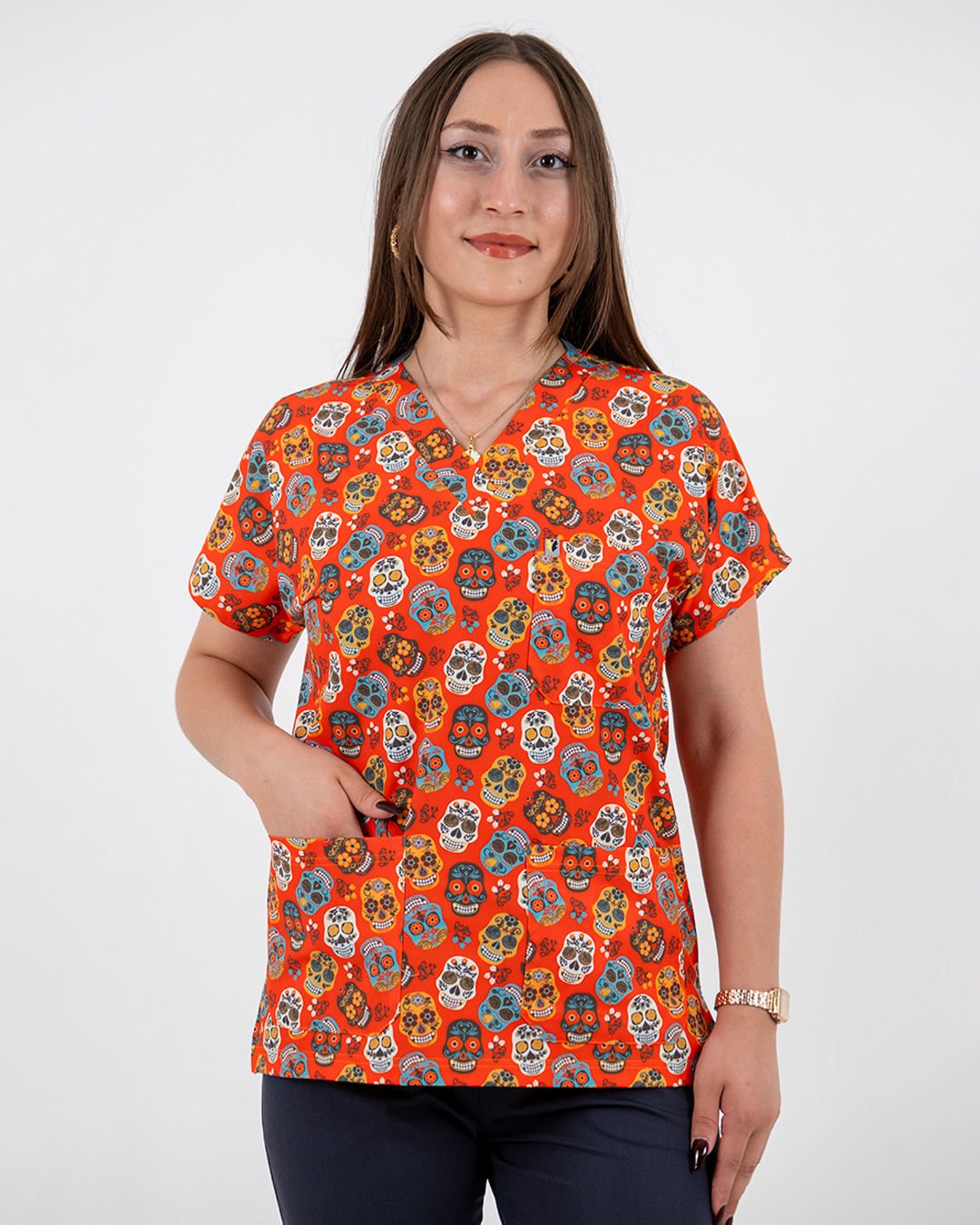 Kurukafa Desenli Likralı Desenli Cerrahi Kol Tek Üst