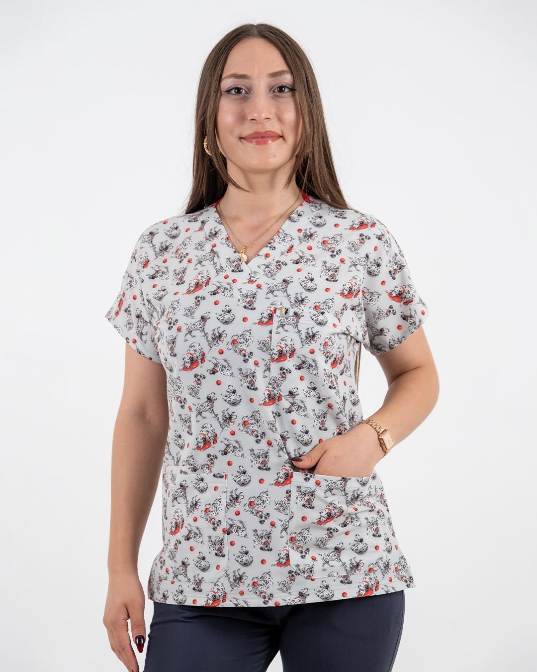 Dalmaçyalı Desenli Likralı Cerrahi Kol Tek Üst