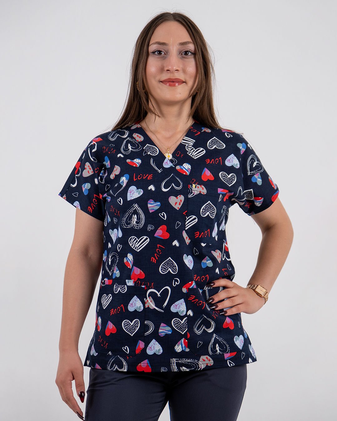 Love Desenli Likralı Cerrahi Kol Tek Üst