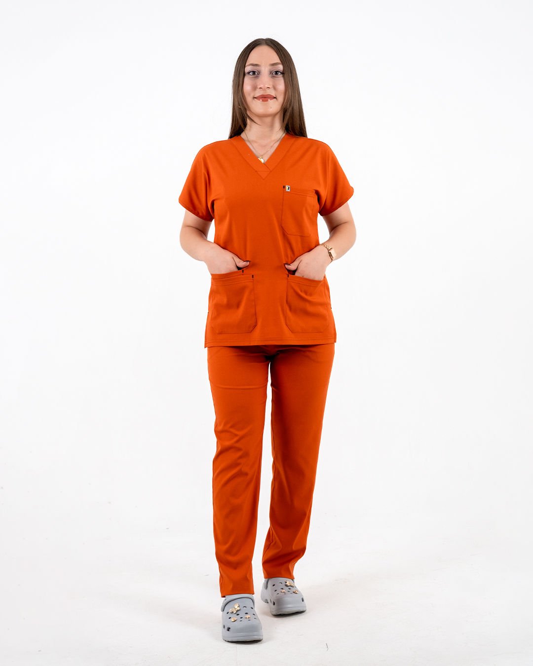 Açık Kiremit Likralı Cerrahi Kol Takım