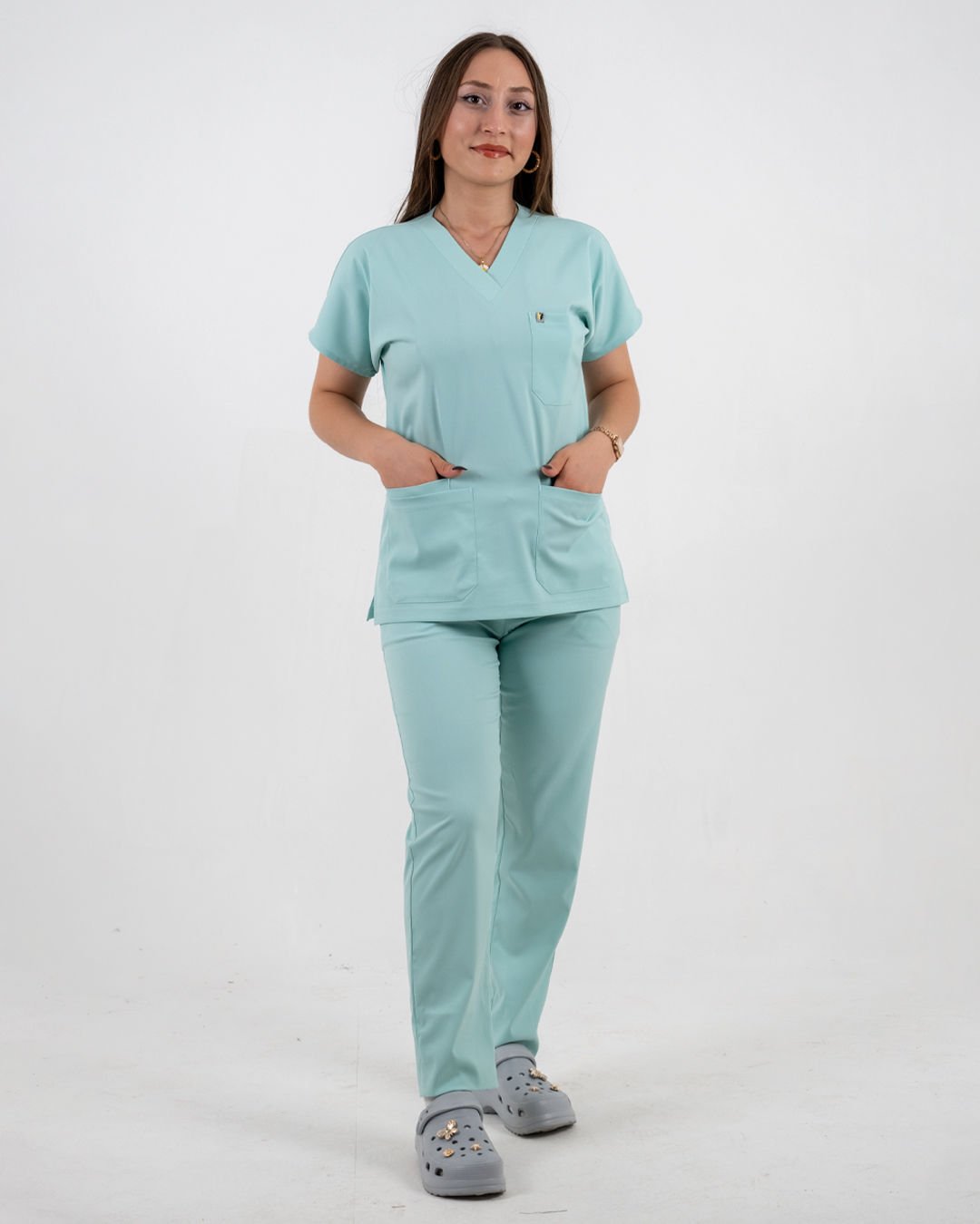 Mint Mavisi Likralı Cerrahi Kol Takım