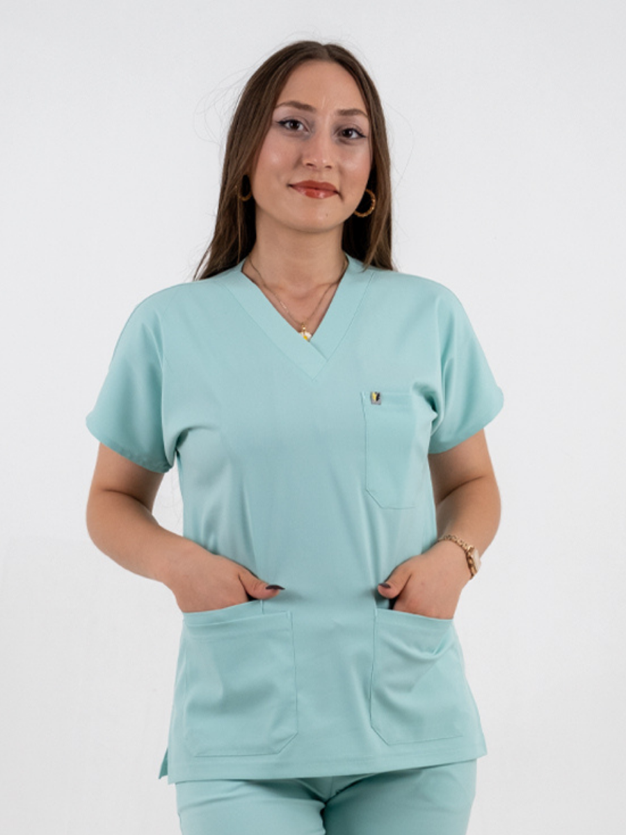 Mint Mavisi Likralı Cerrahi Kol Tek Üst