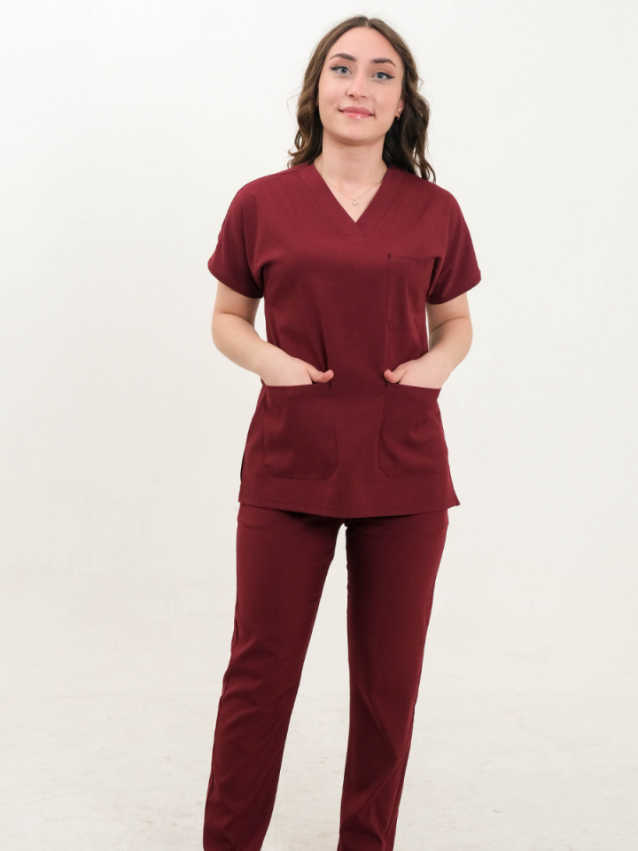 Bordo Likralı Cerrahi Kol Takım