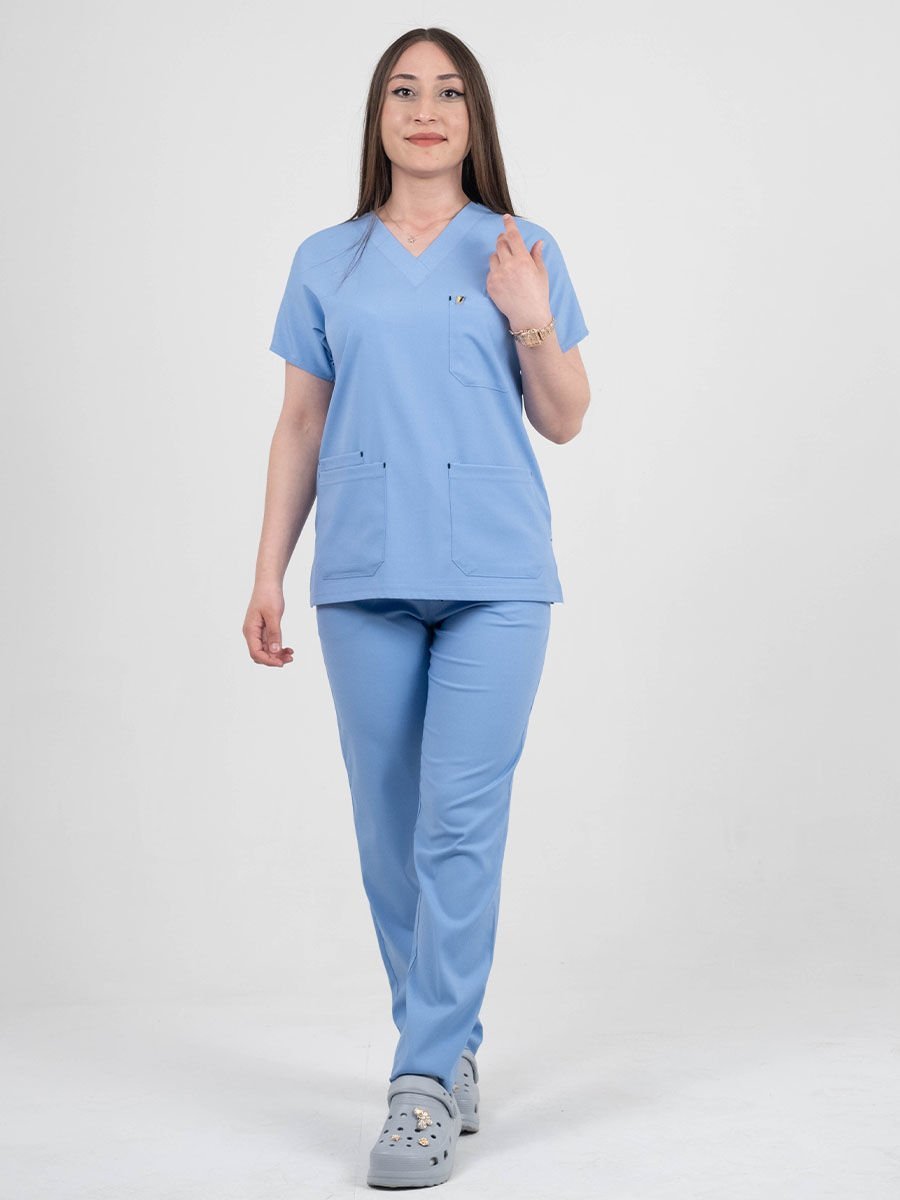 Koyu Buz Mavisi Likralı Cerrahi Kol Takım