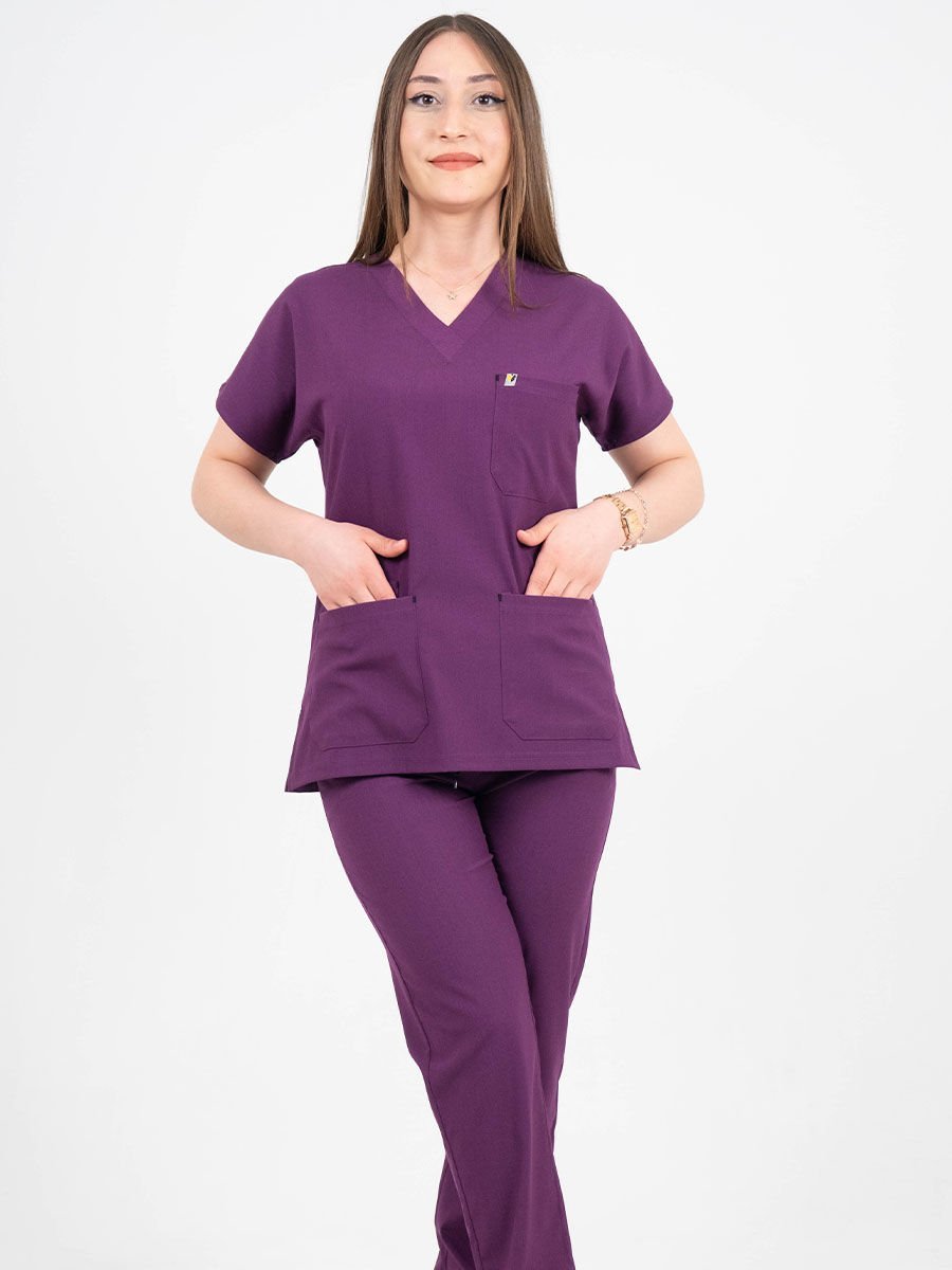 Açık Mürdüm Likralı Cerrahi Kol Takım