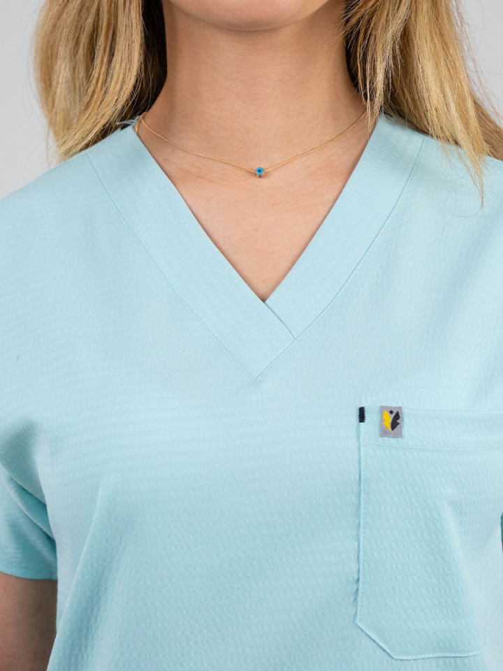 Buz Mavisi Gofre Likralı Cerrahi Kol Tek Üst