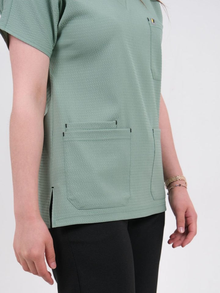 Su Yeşili Gofre Likralı Cerrahi Kol Tek Üst