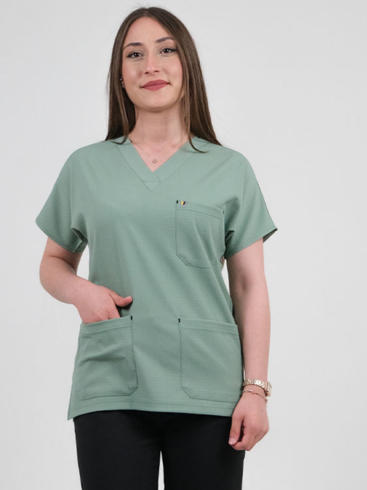 Su Yeşili Gofre Likralı Cerrahi Kol Tek Üst