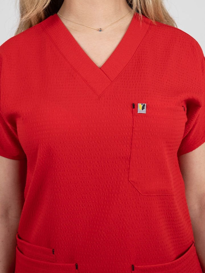 Kırmızı Gofre Likralı Cerrahi Kol Tek Üst