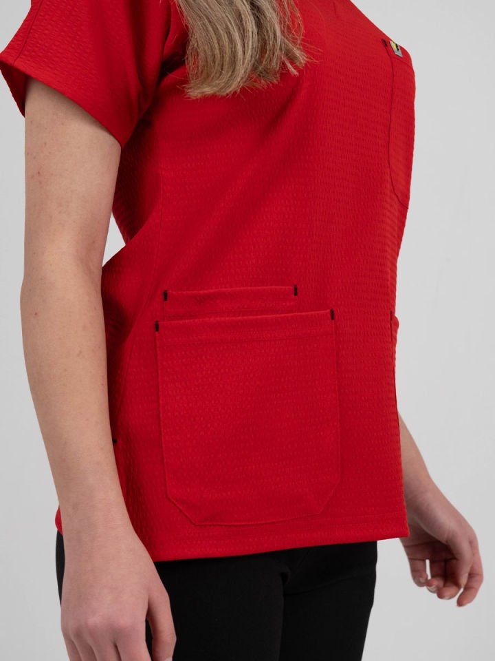 Kırmızı Gofre Likralı Cerrahi Kol Tek Üst