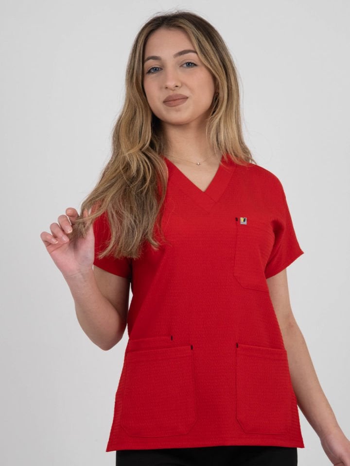 Kırmızı Gofre Likralı Cerrahi Kol Tek Üst