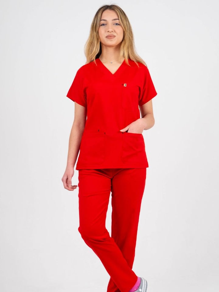 Kırmızı Likralı Cerrahi Kol Takım