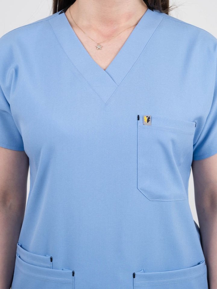 Koyu Buz Mavisi Likralı Cerrahi Kol Tek Üst