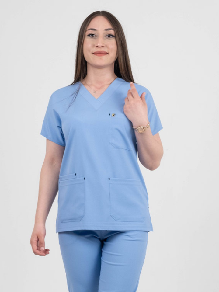 Koyu Buz Mavisi Likralı Cerrahi Kol Tek Üst